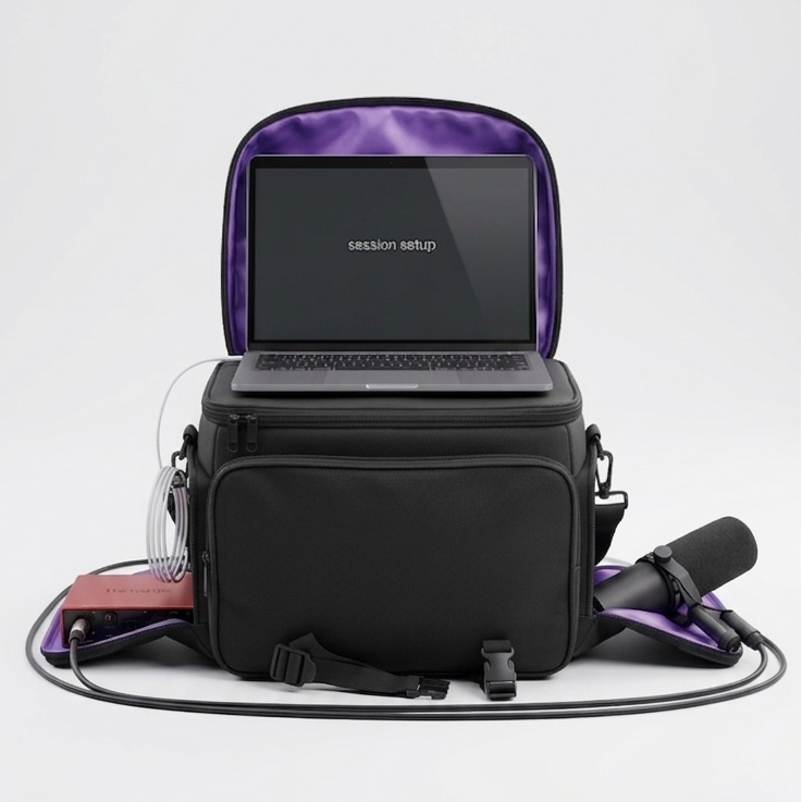 Black backpack with a purple pattern containing electronic devices on a white background