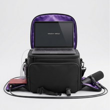 Load image into Gallery viewer, Black backpack with a purple pattern containing electronic devices on a white background
